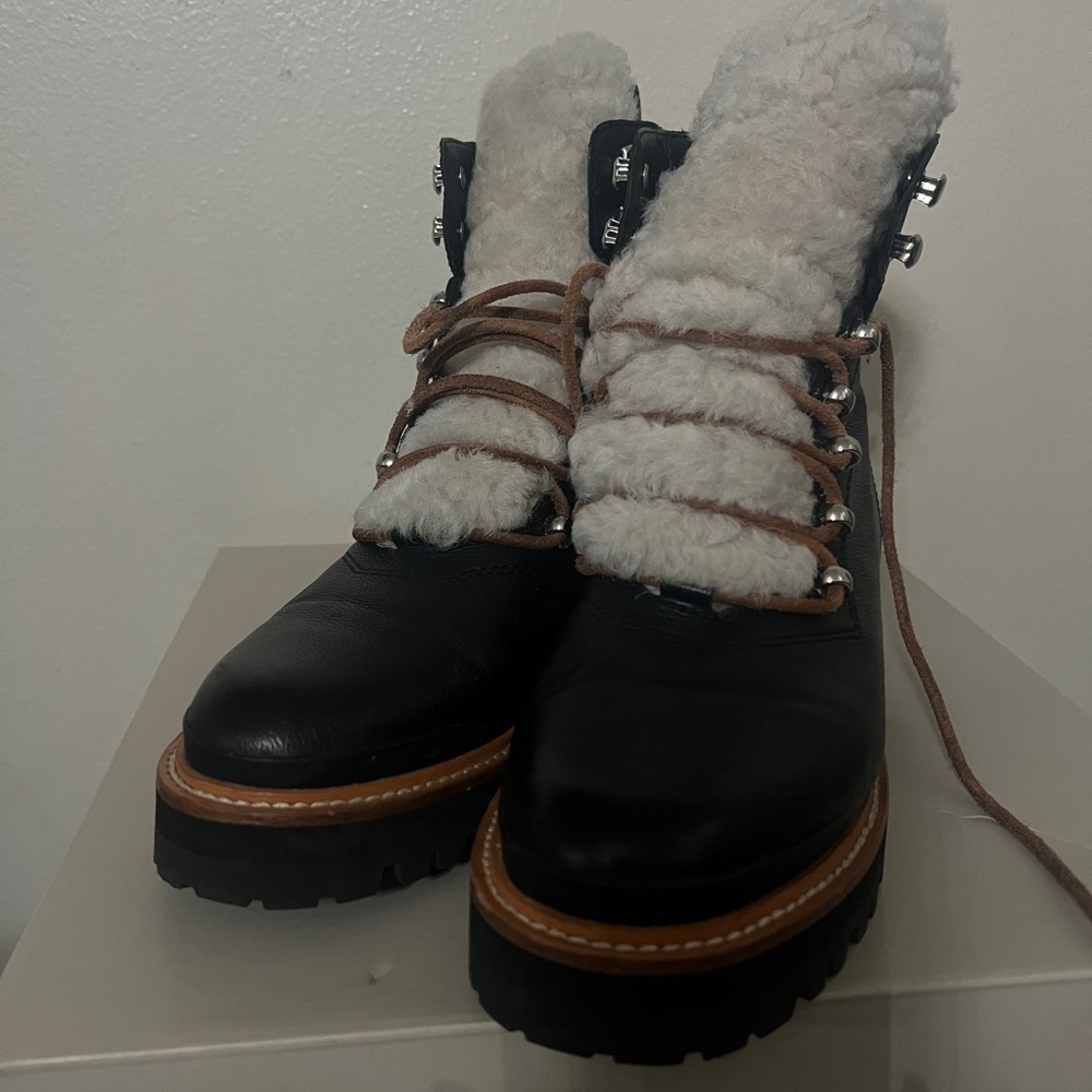 Marc Fisher Black and Cream Shearling Boots